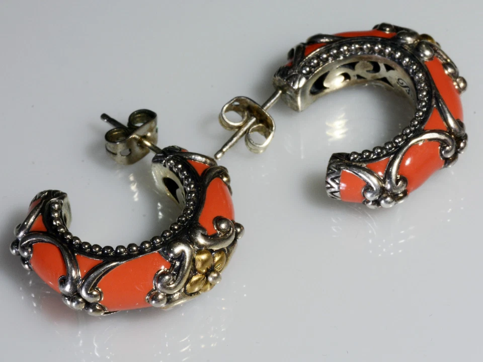 🦋 Pendientes de aro Barbara Bixby Signature floral esmalte rojo plata de ley 18 quilates  Foto 2 de 4