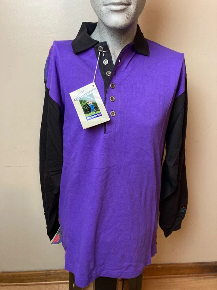 Greg Norman Collection Reebok Purple Multicolor Long Sleeve Polo Large NEW