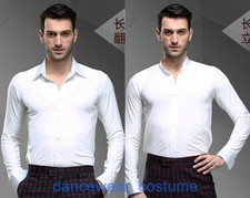 Men White Ballroom Latin Tango Modern Samba Rhythm Salsa Dance Shirt Top SZ39-43