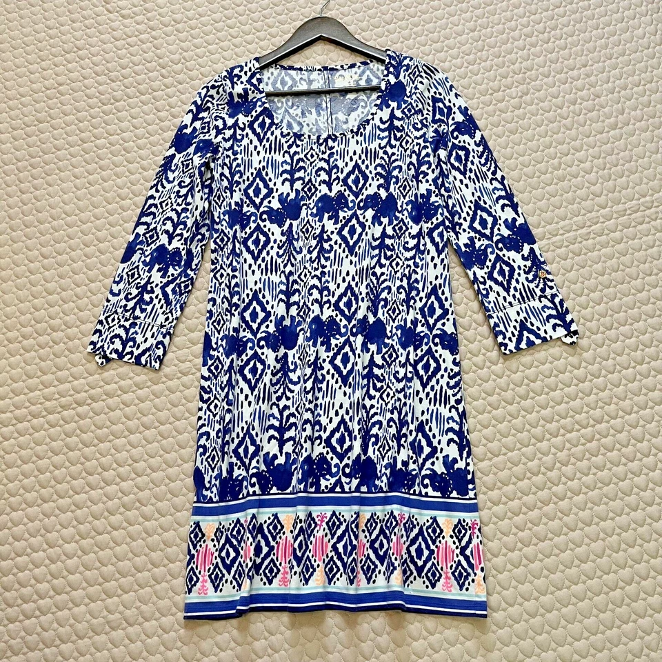 全新无标签 Lilly Pulitzer Ocean Ridge Ikat 大象印花 3/4 袖棉质连衣裙 M — 第 2/4 张图片
