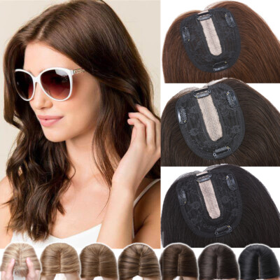 Topper Hairpiece Clip In Real Human Hair Silk Base Toupee 100% Natural Women Wig