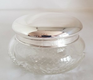 Antique Chinese Export cut glass / silver Dressing table vanity jar. By NANKING