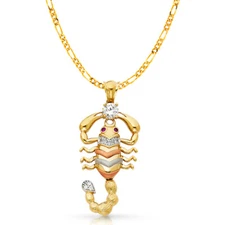 14K 3 Tone Gold CZ Scorpion Charm Pendant & 3.1mm Figaro 3+1 Chain Necklace