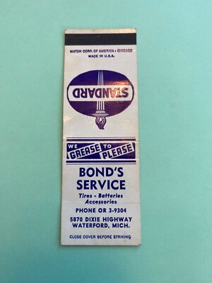 Vintage Matchbook Standard Gas Station: Bond's Service, Waterford, Michigan