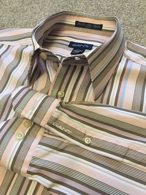 GANT 80ER JAHRE ZWEILAGIGES POLIN SLIM FIT ROSA MEHRFARBIG GESTREIFT HEMD L LARGE KOSTET £95 