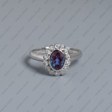 oval alexandrite silver halo ring ,925 Sterling Silver Gold Plated Gift For Her