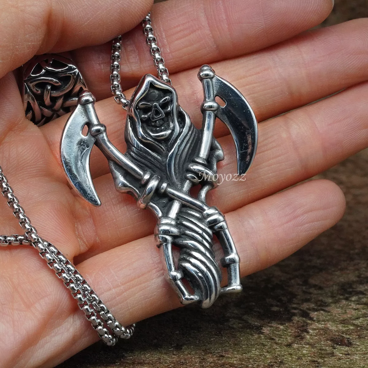 Stainless Steel Men s Death Skeleton Skull Grim Reaper Pendant
