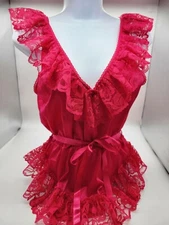 Vtg Sexy Alana Gale Hot Pink Lace Ruffled French Cut Teddy Bodysuit Lingerie M 