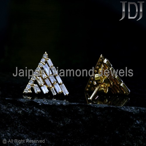 14k Gelbgold Natürlich Baguette Diamant Dreieck Ohrstecker Handmade Schmuck - Bild 3 von 14