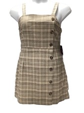 Plaid Romper Overhauls Dress Juniors LARGE Khaki Stretch Mini NEW TAGS