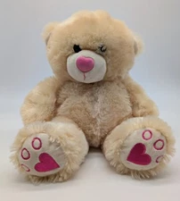 Hug Fun Tan Brown Plush Teddy Bear Pink Heart Nose Paw Prints Valentine's Day