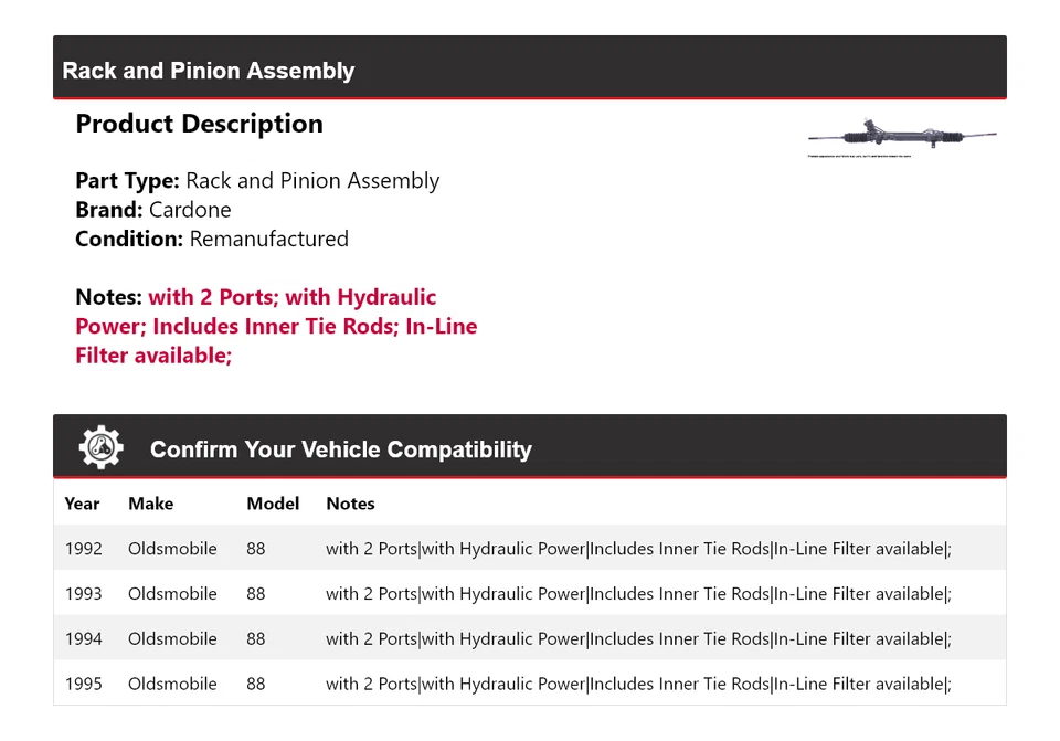 Para 1992-1995 Oldsmobile 88 conjunto de rack e pinhão Cardone 1993 1994 - Imagem 2 de 4