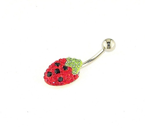 14G Surgical Steel Red Crystal Ferido Strawberry Belly Button Navel Barbell - Picture 2 of 2