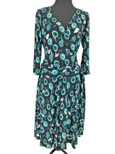 AB Studio Woman's Black Blue Geometric Faux Wrap Dress Size Med Material Belt