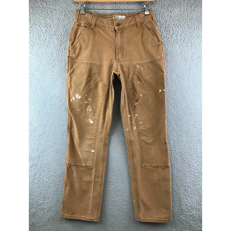 Pantalones Carhartt Para Hombre 32x34 Calce Relajado Caqui Doble Rodilla Carpintero Pintura Mancha Foto 2 de 4