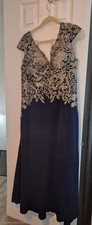 Rina di Montella Navy/Silver Embroidered Lace V-Neck Long Formal Gown 