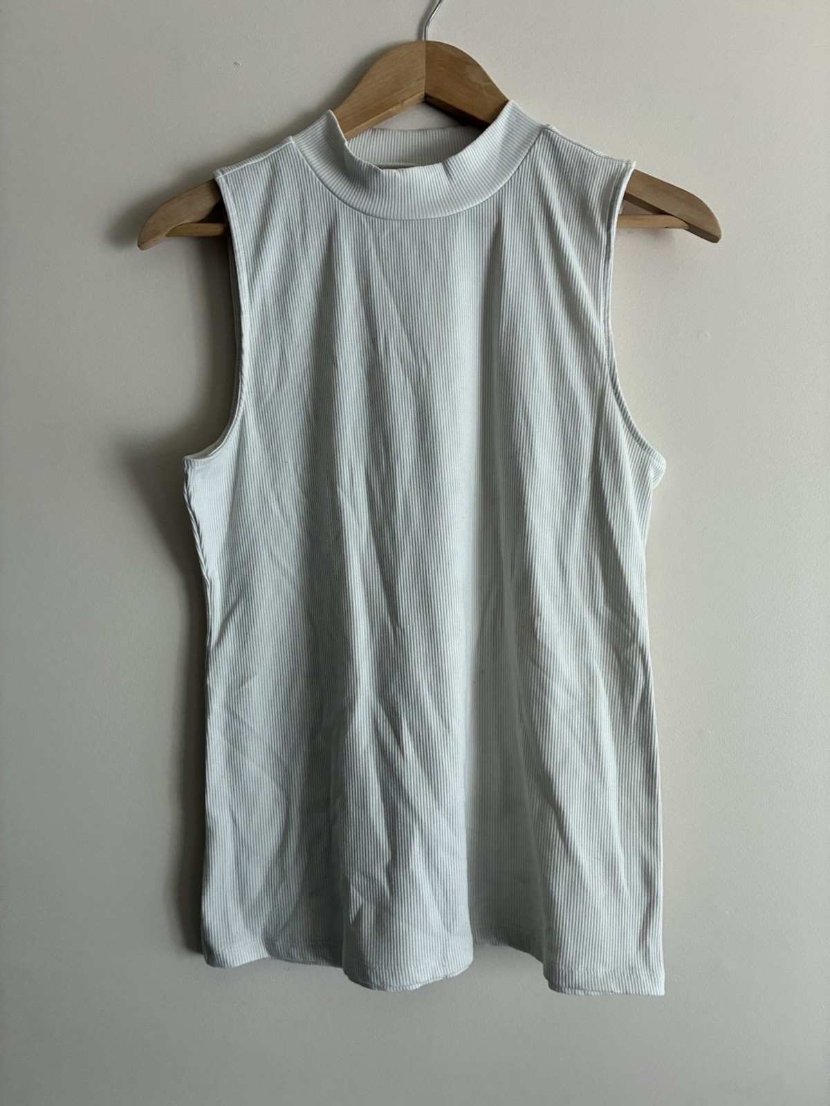 Loft Women's Solid Beige Polyester Blend Ribbed Mock Neck Sleeveless Tank Top L