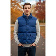 Woolrich Men's Goose Down Puffer Vest Size M Blue Snap Nylon Pockets Insulated