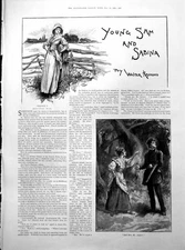 Antique Old Print Lady Fence Young Couple Woodland Lads Crossing Stream 1893