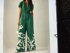 anthropologie Green & White “Summerset” Wide Leg One Piece Jumpsuit Size Large.