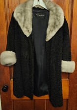 Vintage Black Persian lamb curly wool MINK Fur collar Coat Med Hollywood MCM