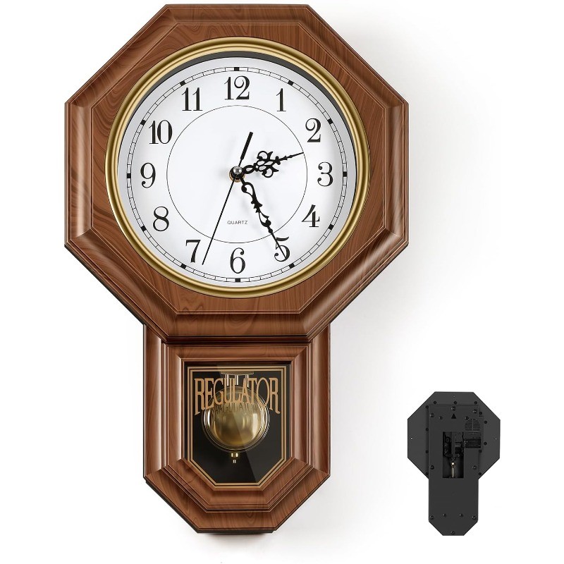 Pendulum Wall Clocks Battery Operated,Wood-Looking Plastic Regulator Clock Decor