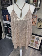 Gold Beige Sequin V-Neck Sleeveless Women's Regular Camisole Tank Top M
