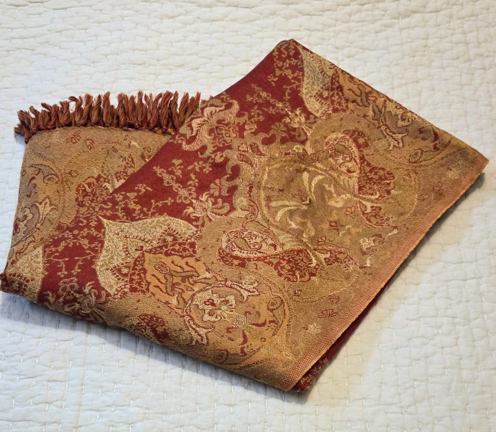 Gold Burgundy SHINGORA HOME Mughal Arabesque Wool Silk Shawl Scarf Wrap 52x60"