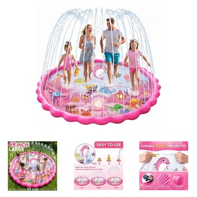 69 Inch Splash Pad for Kids and Adults, Pink Ocean Water Toy, Backyard Outdoor