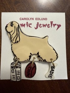 Artist Carolyn Edlund Ceramic Jewelry Brooch W/ Charms Cocker Spaniel Dog USA