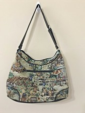 Vtg Marlo Multicolor Scenery Milan Bistro Tapestry Faux Leather Handbag