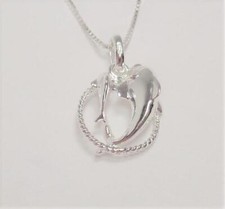 STERLING SILVER MAMA AND BABY DOLPHIN SWIMMING OVAL PENDANT NECKLACE