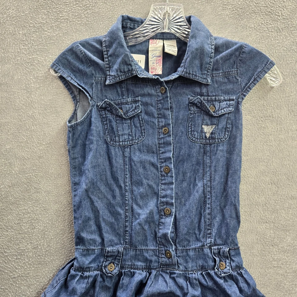 Guess Girls Dress 12 Blue Denim Jean Tiered Button Front Y2K READ - Image 3 of 4
