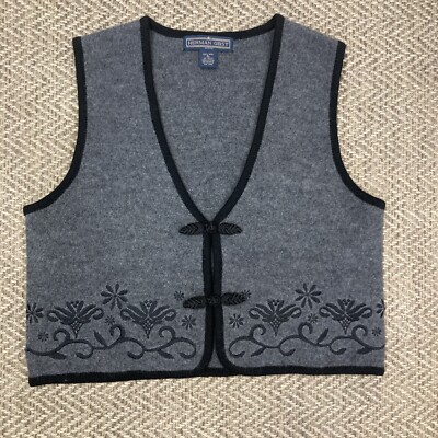Herman Geist 100% Wool Embroidered Vest Women's PL Frog Closer Gray  black trim