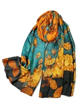 Silk Feel Long Floral Satin Scarves for Women in Gift Box Leaf Pond