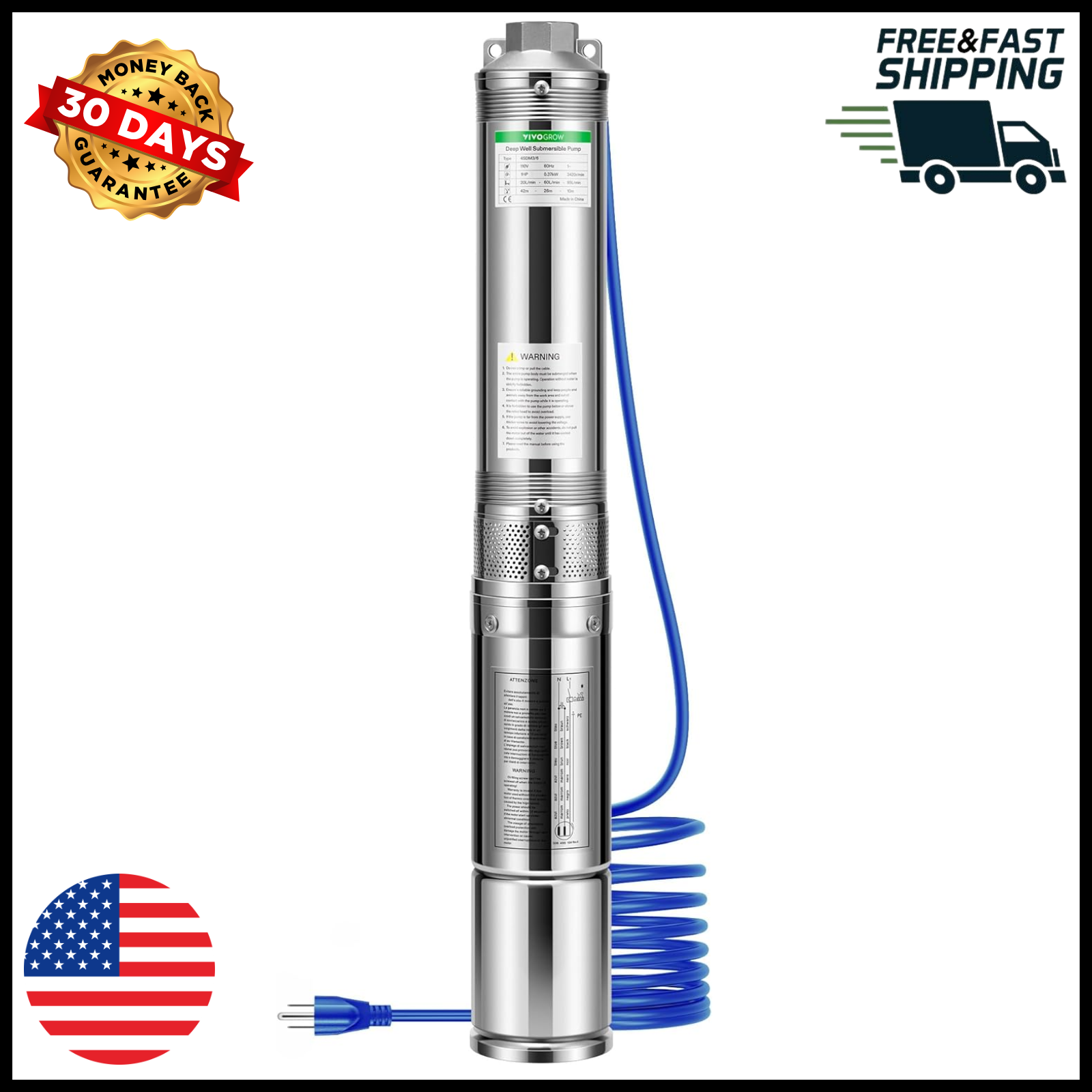 Bomba Sumergible De Pozo Profundo 1 HP 115V 207 Pies Electrica Acero Inoxidable