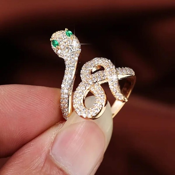 Alternate view of Gold Plated Snake Ring With Emerald Eyes Serpent Statement Jewelry