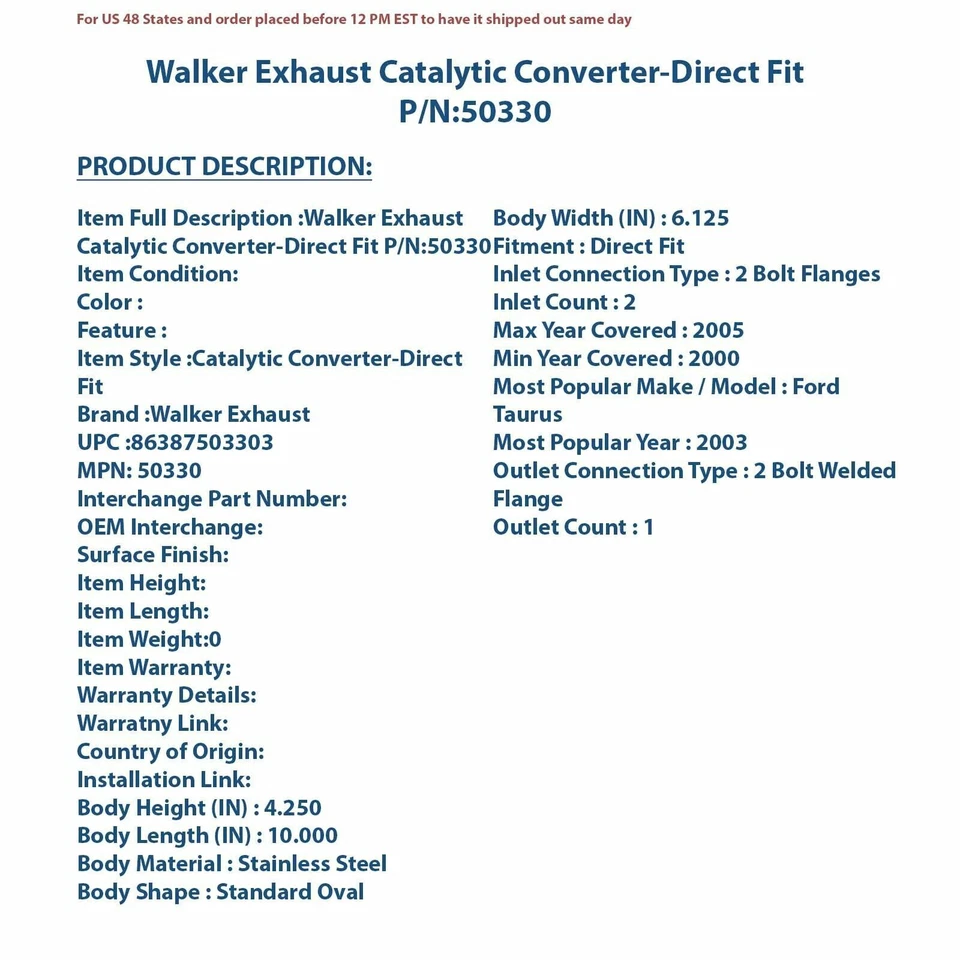 Convertidor catalítico de escape Walker - ajuste directo 50330 Foto 4 de 4