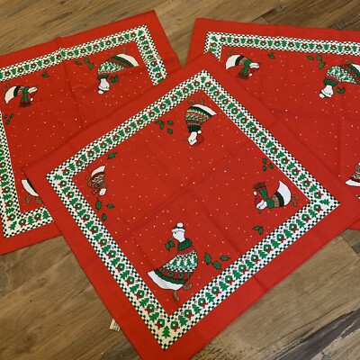 Vintage Goose Christmas Cloth Red napkins with ducks set of 3 Sun