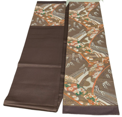 Japanese Vintage Kimono Fukuro Obi silk brown expensive embroidery 172.4x11.8in