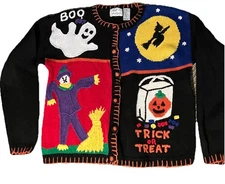 VTG SJ Designs Halloween Trick or Treat Pumpkin Witch Cardigan Sweater Small/Med