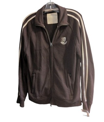 Roots Women s Medium Brown Full Zip Fleece Jacket White Stripe Casual Athleisure