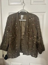 Chico's women Lurex Linen Open Front Blazer Size 2L Gold Embellished Embroidery