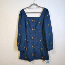 Cider Dress Size XL Teal Corduroy Embroidered Mini Long Sleeve Sunflower Womens