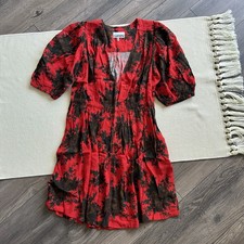GANNI EcoVero V-Neck Printed Crepe Mini Dress in High Risk Red Size 36