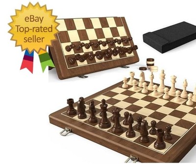 Natural Walnut 15'' Magnetic Chess & Checkers Set - 2 in 1 Board Game, Staunton P