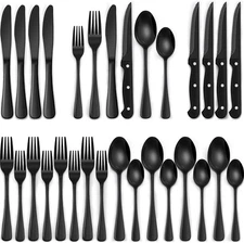 EWFEN 24-Piece Silverware Set with Steak Knives, Food-Grade Stainless Black 