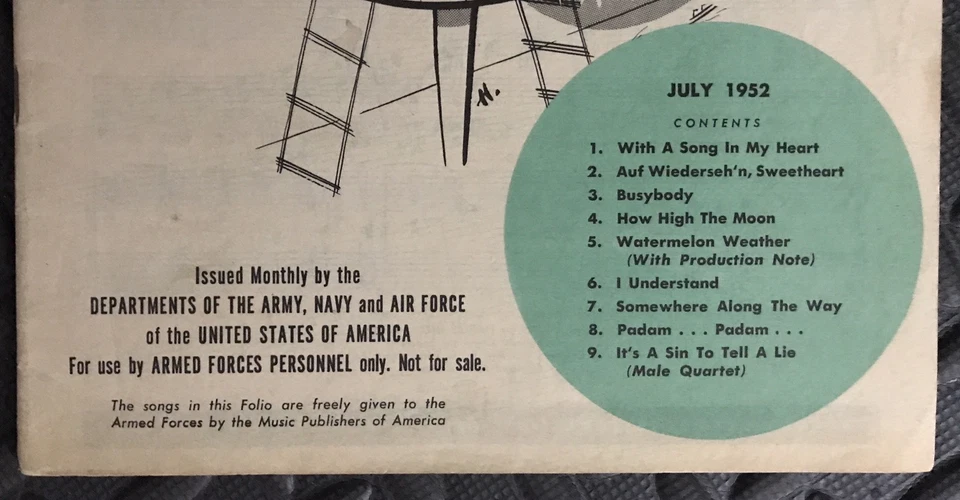 July 1952 Song Folio ~ US Armed Forces Army Navy USAF Piano Voice Guitar Quartet - Image 2 of 4