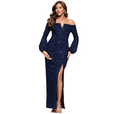 $279 NWT Xscape Formal Evening Gown Sz 10 Blue Rosette Maxi Dress Wedding Party