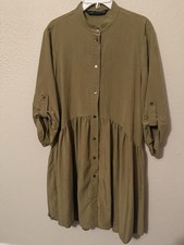 Zara Army Green Drop Waist Button Down Khaki Pleated Mini Dress Size XS